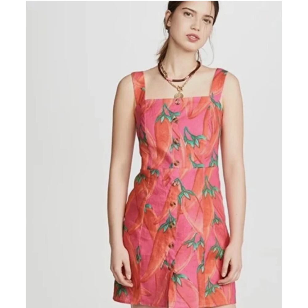 Farm Rio Mini Dress 100% Linen Pink Pepper Novelty Print Resort Vacation‎ Summer